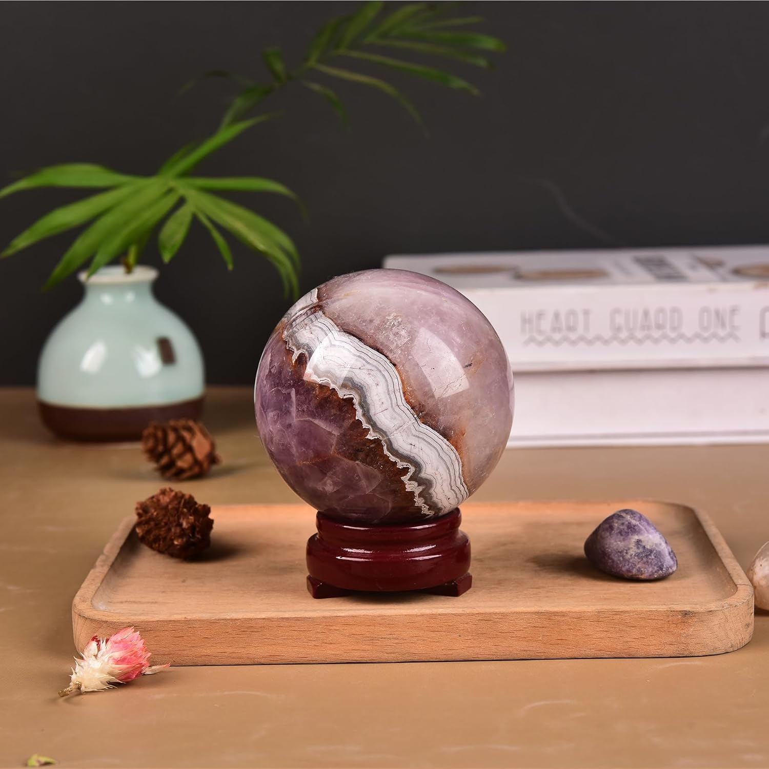 JIC Gem Large Amethyst Healing Crystal Sphere with Stand Amethyst Agate Crystal Decorative Ball for Home Decor Altar Reiki Healing Gift 80-90mm - Image 3