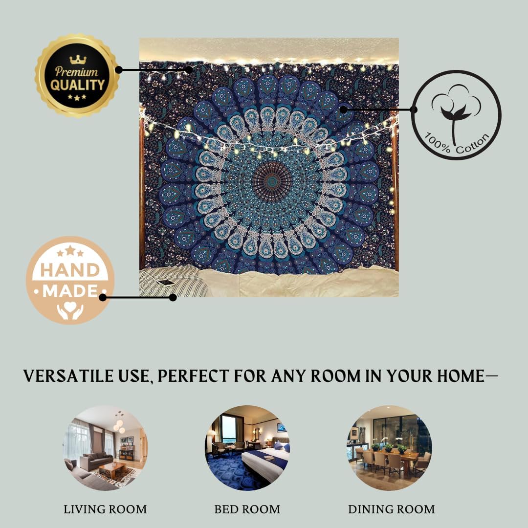 Bless International Indian-hippie-gypsy Bohemian-psychedelic Cotton-mandala Wall-hanging-tapestry-multi-color Large-mandala Hippie-tapestry (Golden Blue, King (88x104Inches)(225x265Cms)) - Image 4
