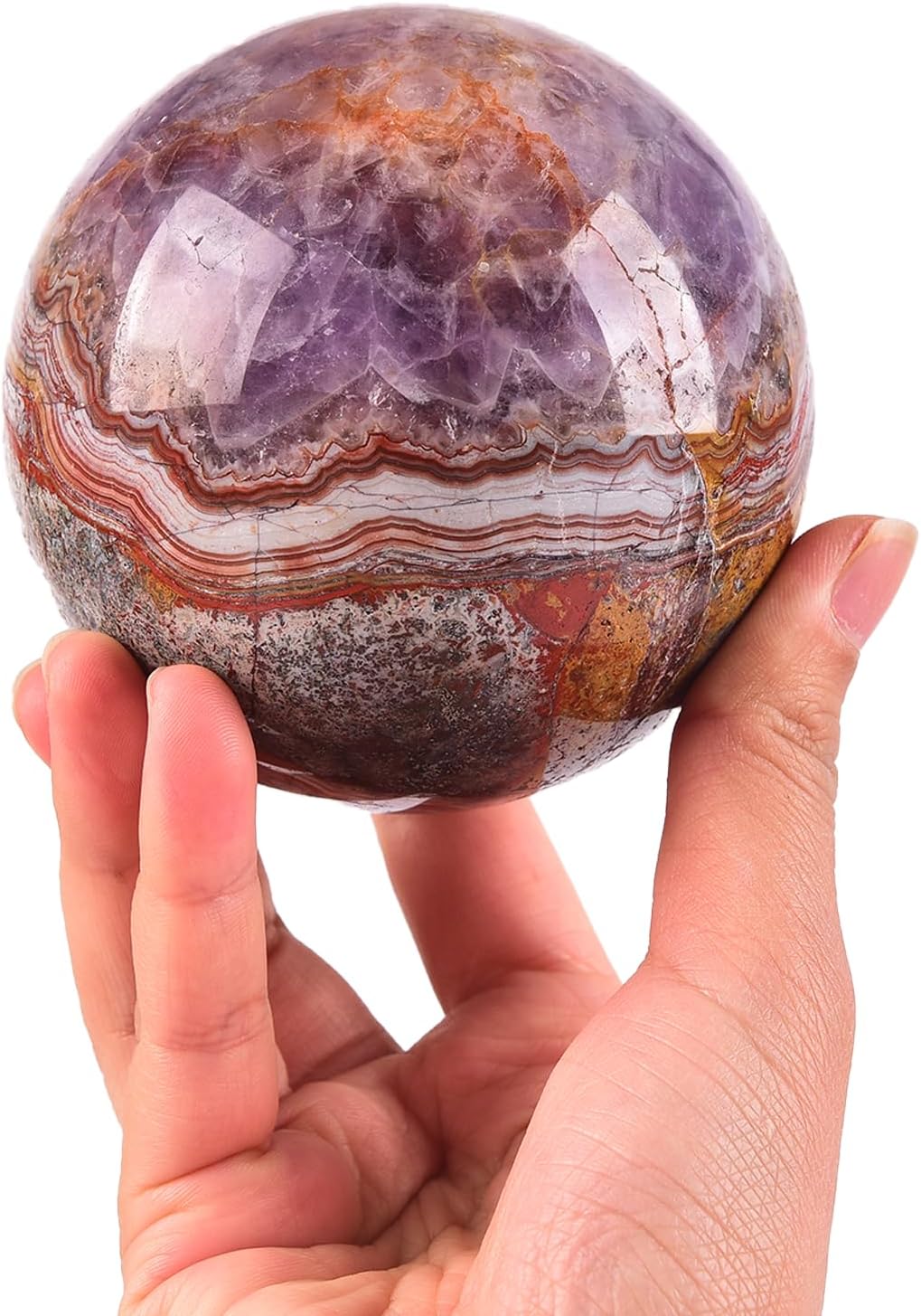 JIC Gem Large Healing Crystal Sphere Ball with Wooden Stand Amethyst Agate Crystal Decorative Ball Meditation Feng Shui Decor 90-100mm - Image 2