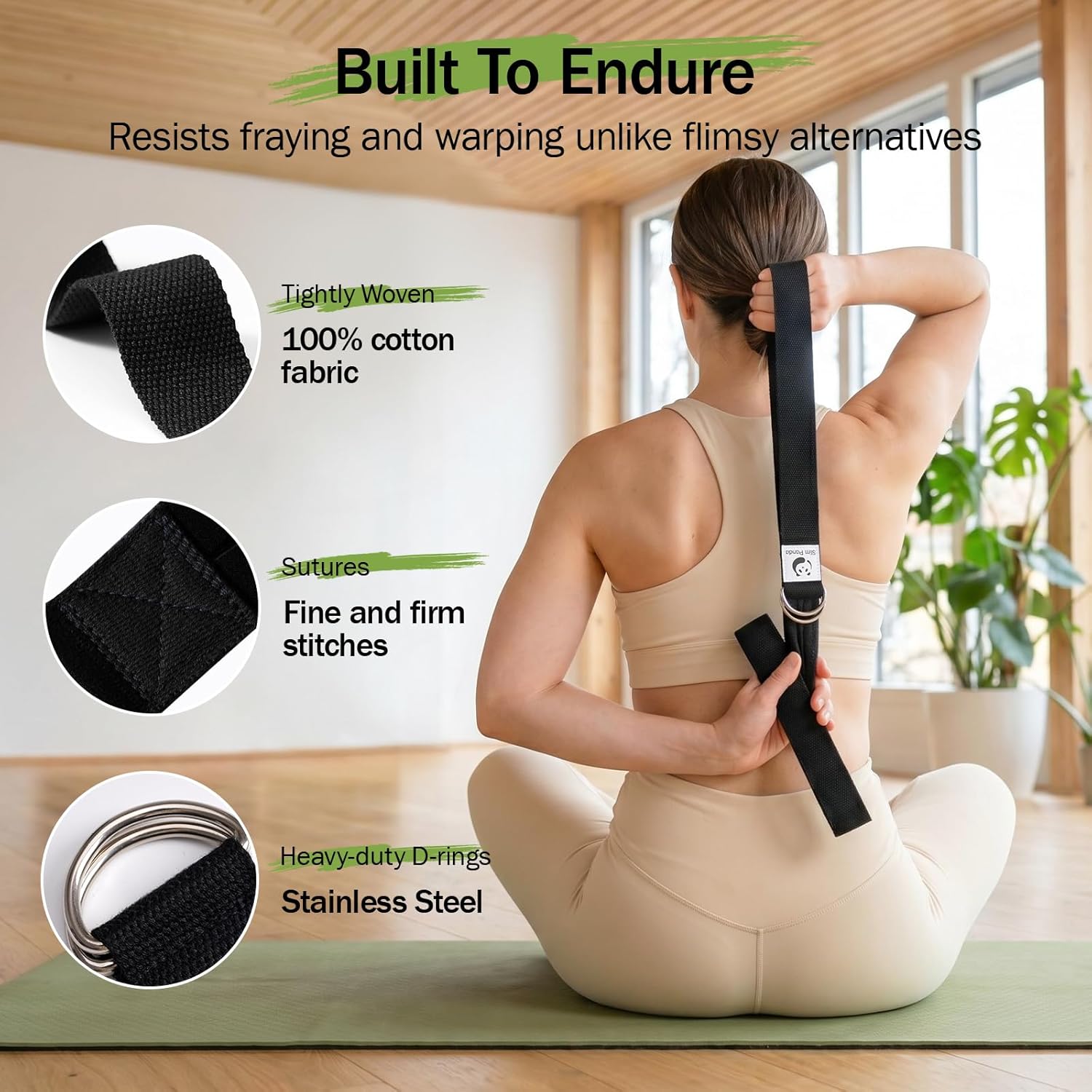 Slim Panda Yoga Strap for Stretching,Cotton Yoga Strap with Adjustable D-Ring Buckle,Non-Elastic Yoga Belt for Pilates,Gym Workouts,Physical Therapy,Improve Flexibility - Image 3