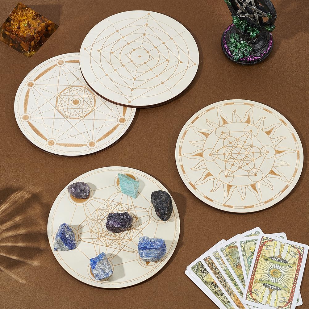ORIGACH 4 PCS Wooden Crystal Grid Board, Round Mandala Energy Grids Board, Metatron's Cube Crystal Plate for Witchcraft Wiccan Altar Ritual Sacred Space Decor, 5.9Inch Diameter - Image 5