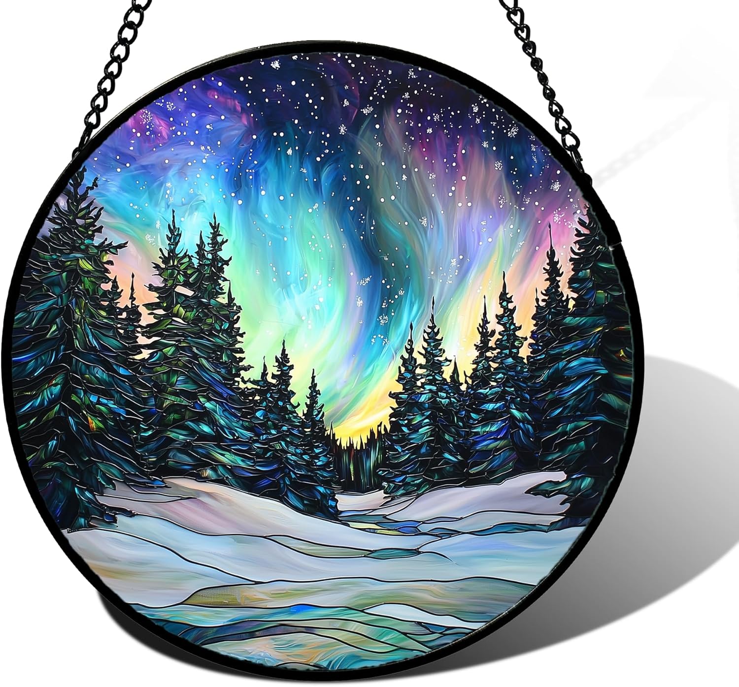 DASTOLL Stained Glass Window Hanging, Aurora Landscape Sun Catchers Glass Panel Green Trees Suncatcher Decor for Birthday for Women, Men, Wife, Aunt, and Mom 6.3 in