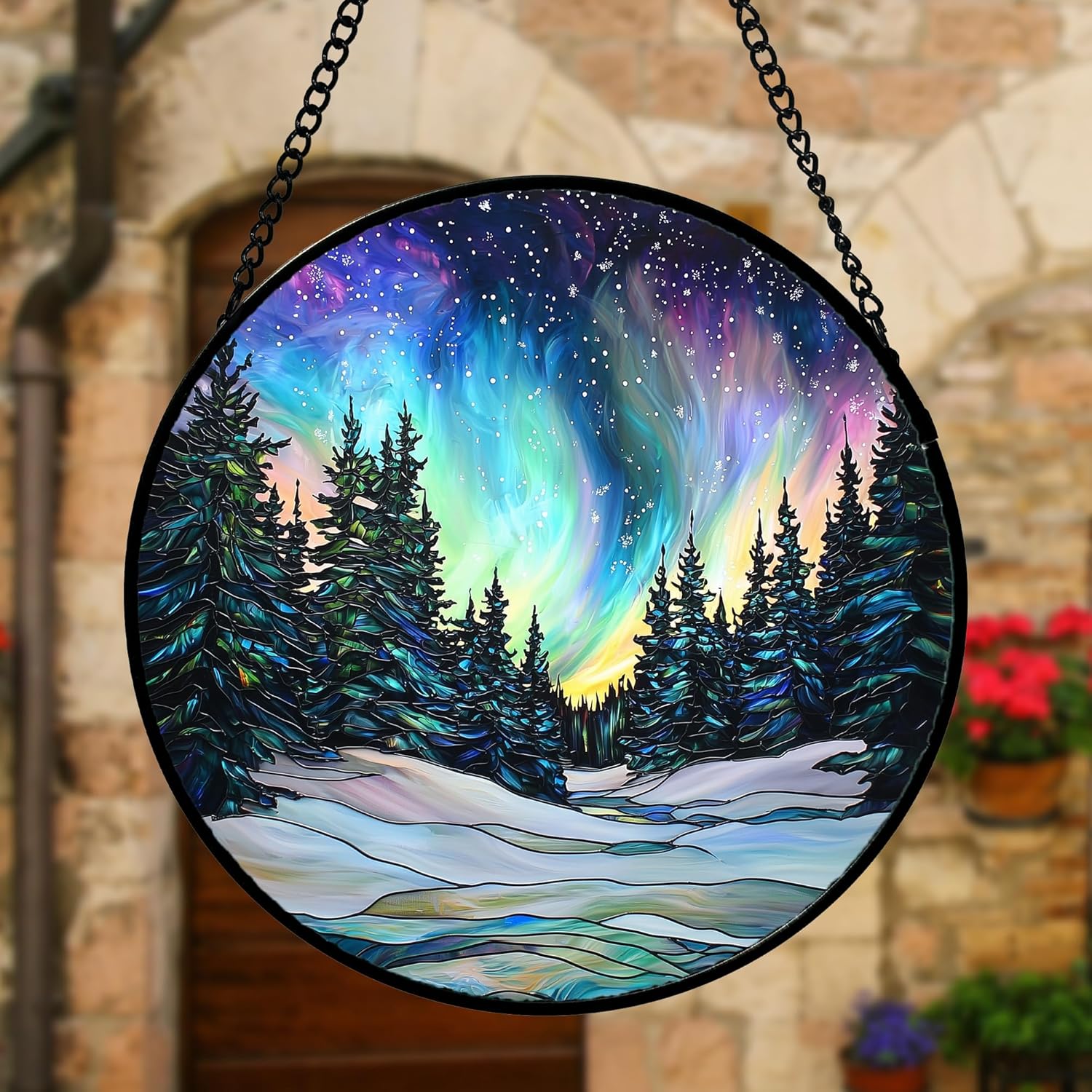 DASTOLL Stained Glass Window Hanging, Aurora Landscape Sun Catchers Glass Panel Green Trees Suncatcher Decor for Birthday for Women, Men, Wife, Aunt, and Mom 6.3 in - Image 2