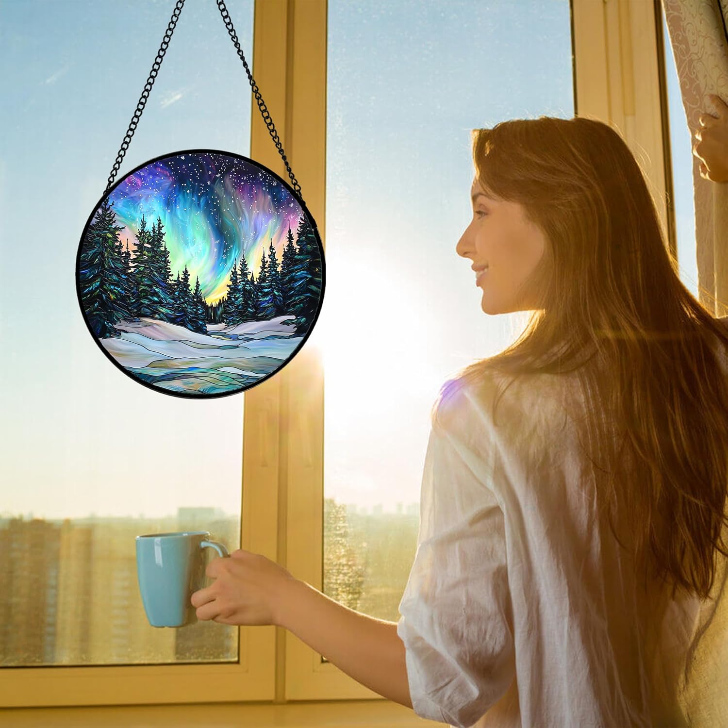 DASTOLL Stained Glass Window Hanging, Aurora Landscape Sun Catchers Glass Panel Green Trees Suncatcher Decor for Birthday for Women, Men, Wife, Aunt, and Mom 6.3 in - Image 3