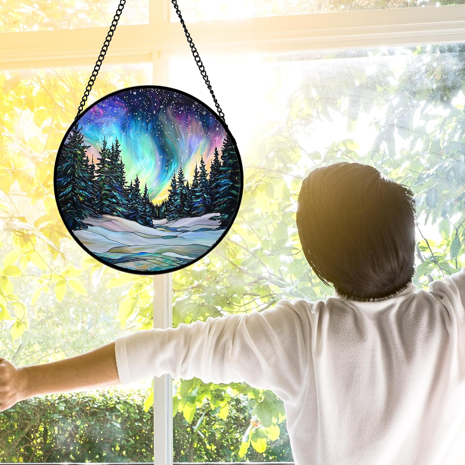 DASTOLL Stained Glass Window Hanging, Aurora Landscape Sun Catchers Glass Panel Green Trees Suncatcher Decor for Birthday for Women, Men, Wife, Aunt, and Mom 6.3 in - Image 4