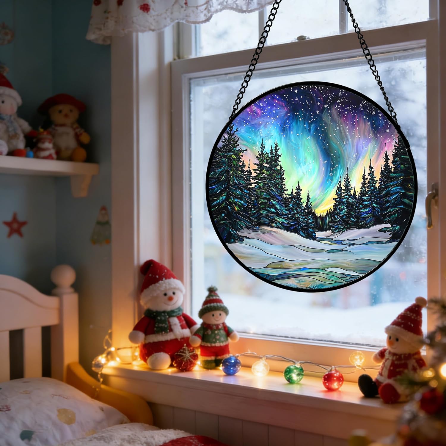 DASTOLL Stained Glass Window Hanging, Aurora Landscape Sun Catchers Glass Panel Green Trees Suncatcher Decor for Birthday for Women, Men, Wife, Aunt, and Mom 6.3 in - Image 5