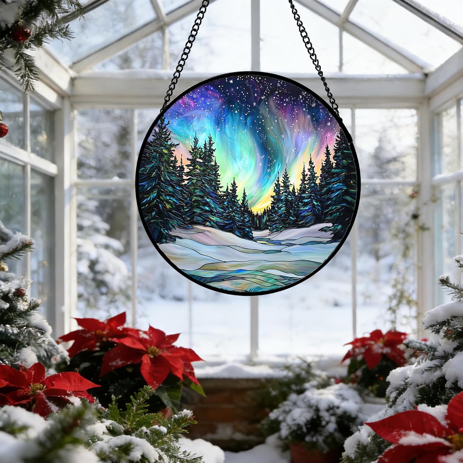 DASTOLL Stained Glass Window Hanging, Aurora Landscape Sun Catchers Glass Panel Green Trees Suncatcher Decor for Birthday for Women, Men, Wife, Aunt, and Mom 6.3 in - Image 6