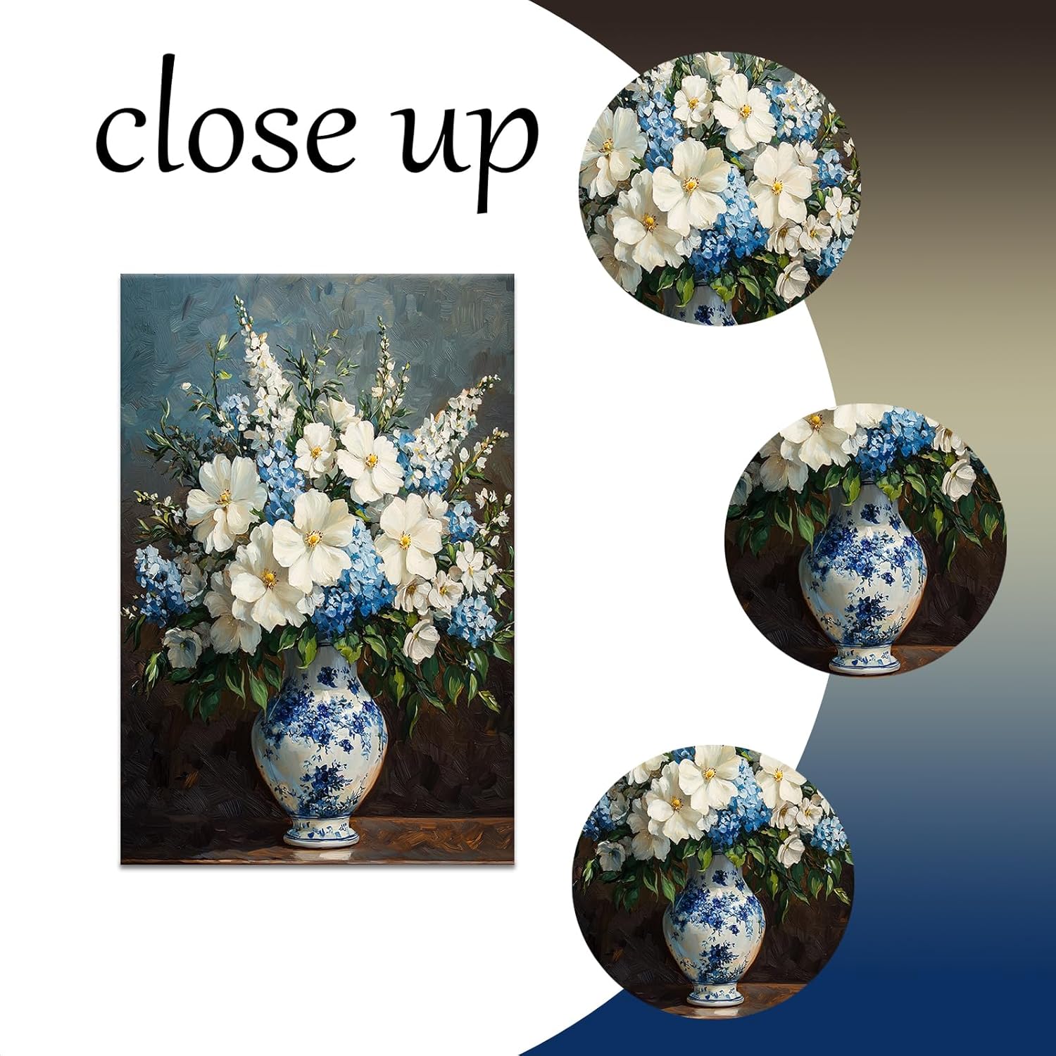 YSPCSUN Large Blue And White Floral Wall Art Canvas Still Life Flower Oil Painting Style Print Framed Artwork For Living Room Above Sofa Decor Farmhouse Coastal Room Aesthetic Gift 36x24 Inch - Image 4