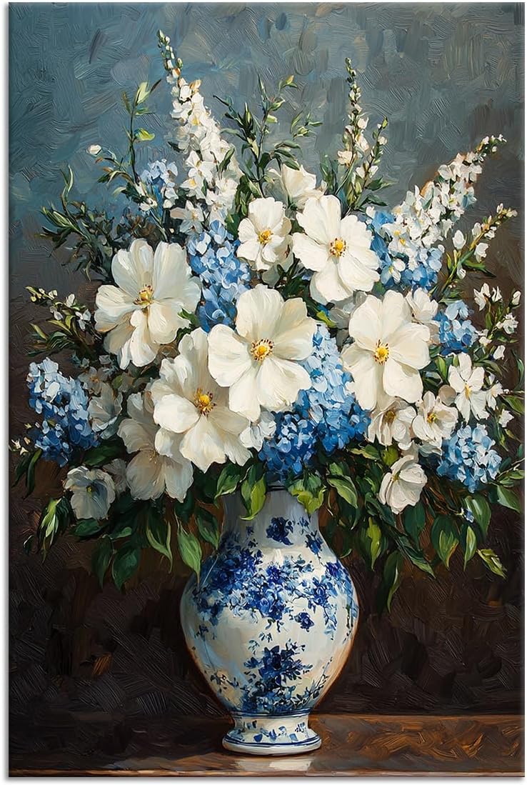 YSPCSUN Large Blue And White Floral Wall Art Canvas Still Life Flower Oil Painting Style Print Framed Artwork For Living Room Above Sofa Decor Farmhouse Coastal Room Aesthetic Gift 36x24 Inch - Image 5
