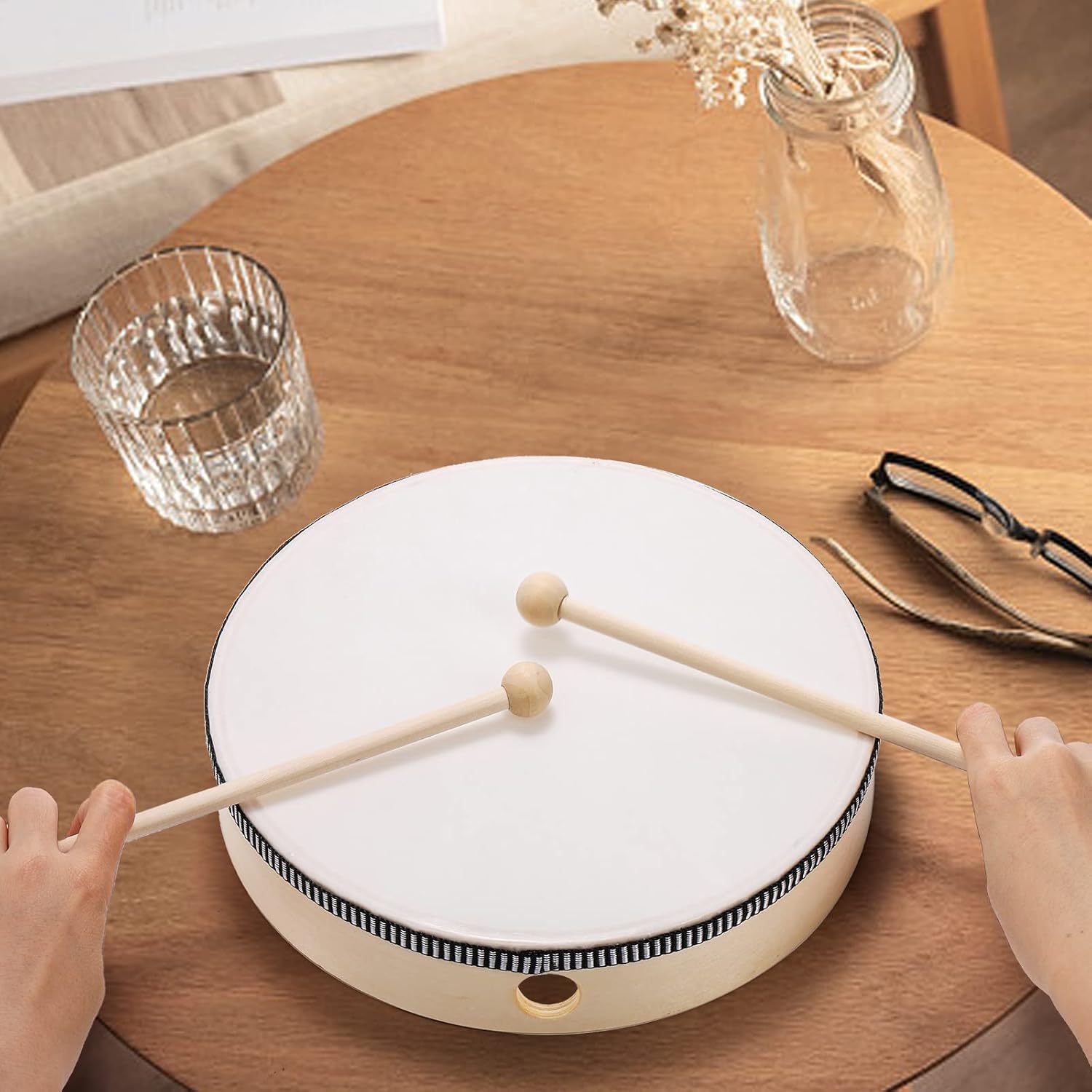 Foraineam 12 Inch & 10 Inch & 8 Inch Hand Drum Percussion Wood Frame Drums with Drum Stick - Image 3
