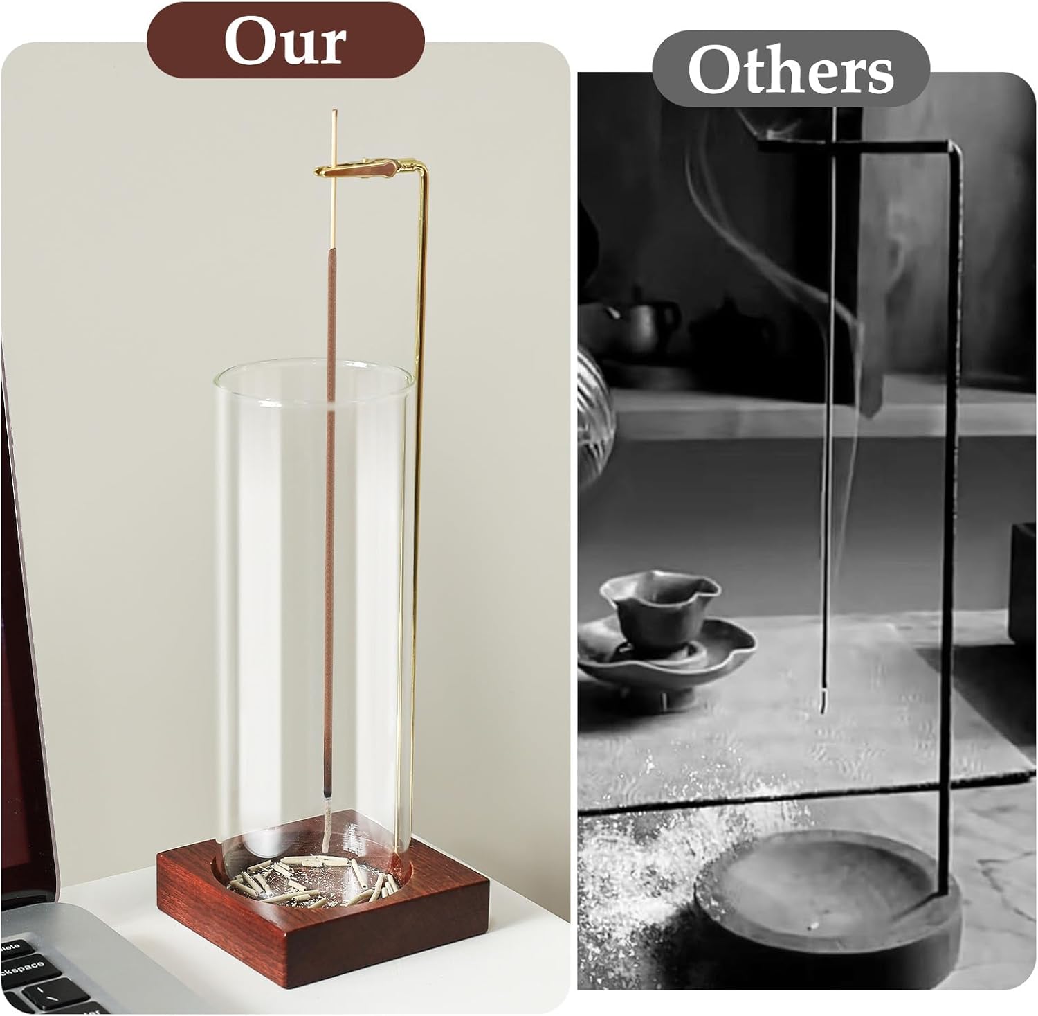 Incense Holder,Wooden Incense Holder for Sticks with 20 Incense Sticks, Anti-ash Incense Burner with Glass Ash Catcher, Wood Incense Holder 20 Stick (2 Pack Wooden Round) - Image 5