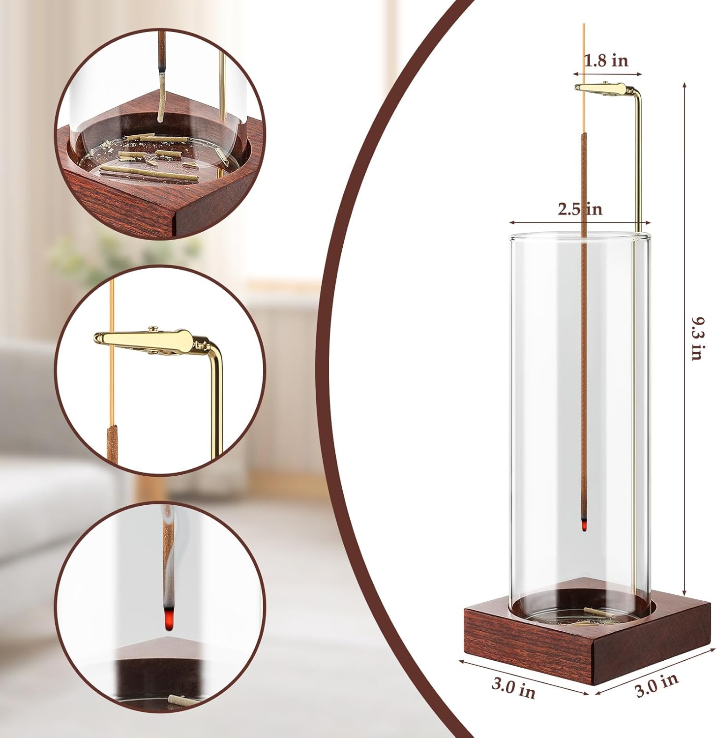 Incense Holder,Wooden Incense Holder for Sticks with 20 Incense Sticks, Anti-ash Incense Burner with Glass Ash Catcher, Wood Incense Holder 20 Stick (2 Pack Wooden Round) - Image 7