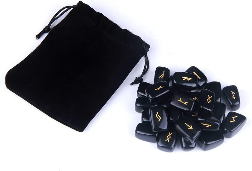 TGS Gems Black Obsidian Rune Stones Set Engraved Pagan Lettering with Instruction Booklet and Velvet Pouch - Image 6