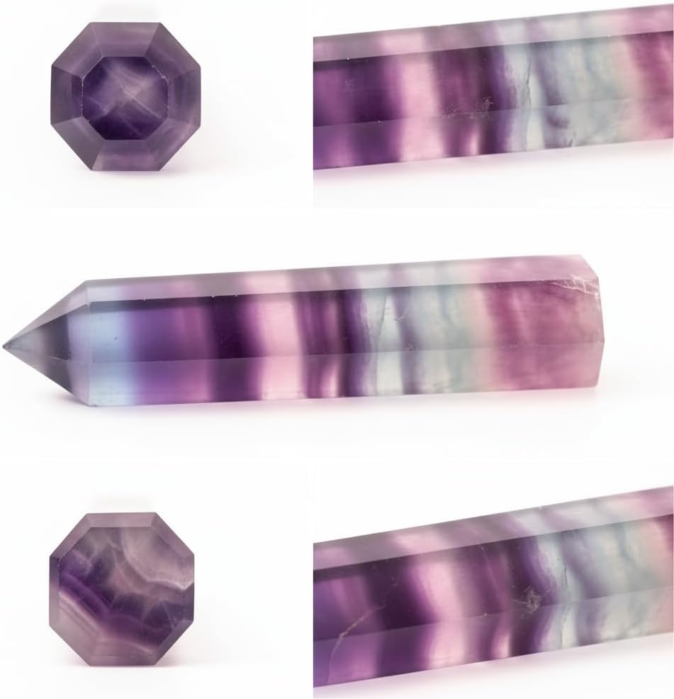 WHAL&YUNE Gemstone Wands 1PC, Rainbow Fluorite Hexagonal Wands Gemstone Tower, Natural Hand Carved Pointed Stone Fluorite Crystal for Meditation, Home Decor-3"-3.5"(8-9cm) - Image 7