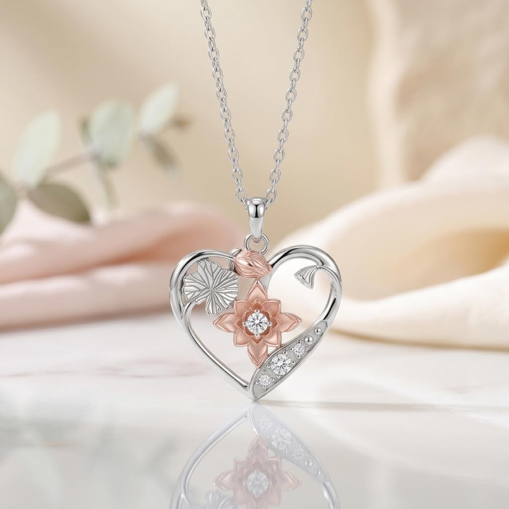 Lab Grown Diamond Lotus Necklace for Women, 925 Sterling Silver Diamonds Heart Pendant Birth Flower Necklaces Lotus Flower Jewelry Gifts for Women - Image 3