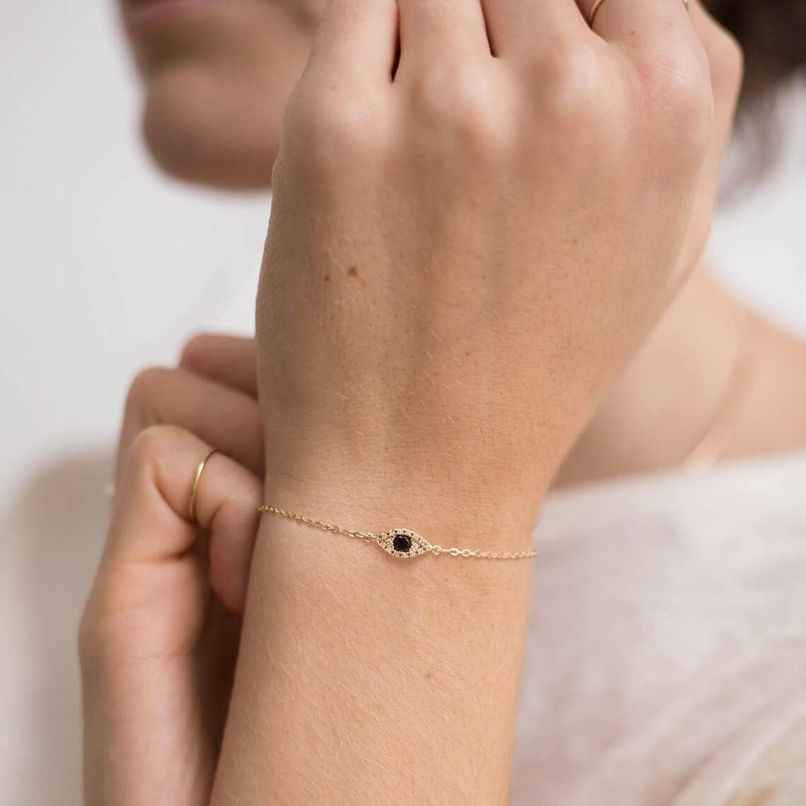 MTMY Evil Eye Bracelet for Women 14K Gold Plated Dainty Bracelets with Crystcal Adjustable Chain Cute Eye Bracelet Gold Jewelry for Her