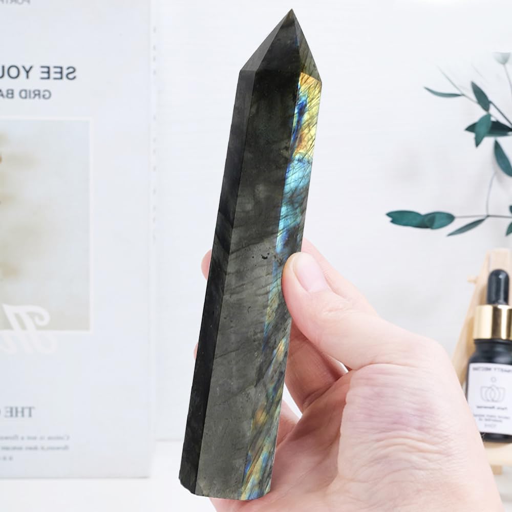 4Pcs 5.9 Inch Natural Crystal Obelisk Tower Set, Polished Hexagonal Point Wand, Obsidian Labradorite Amethyst Tiger's Eye Stone, Reiki Healing Crystal Obelisk Statue, Home Desktop Decor Spiritual Gift - Image 4