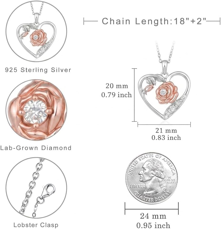 Lab Grown Diamond Rose Necklace for Women, 925 Sterling Silver Diamonds Heart Pendant Birth Flower Necklaces Rose Flower Jewelry Gifts for Women - Image 4