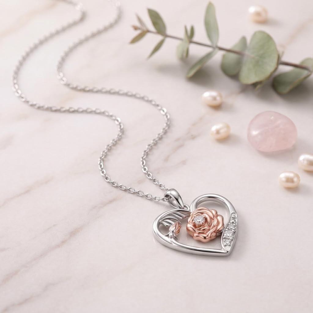 Lab Grown Diamond Rose Necklace for Women, 925 Sterling Silver Diamonds Heart Pendant Birth Flower Necklaces Rose Flower Jewelry Gifts for Women - Image 3