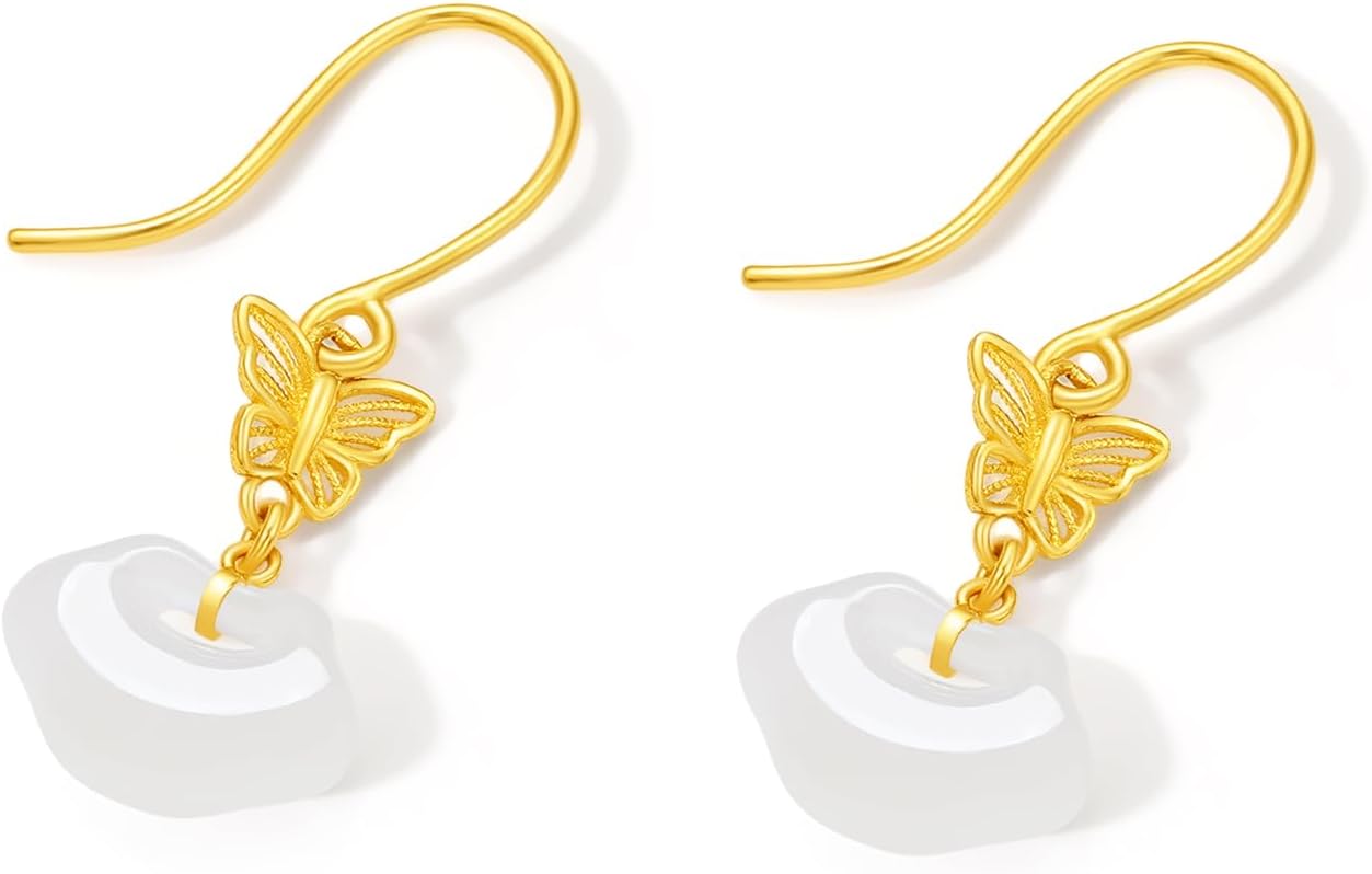 ZHOU LIU FU White Jade Dangle Earrings 24K Gold Hollow Butterfly Ruyi Jade Drop Earring Healing Gemstone Natural Dainty Jewelry for Women Her Mom Daughter Anniversary Birthday Present Y0914874 - Image 2