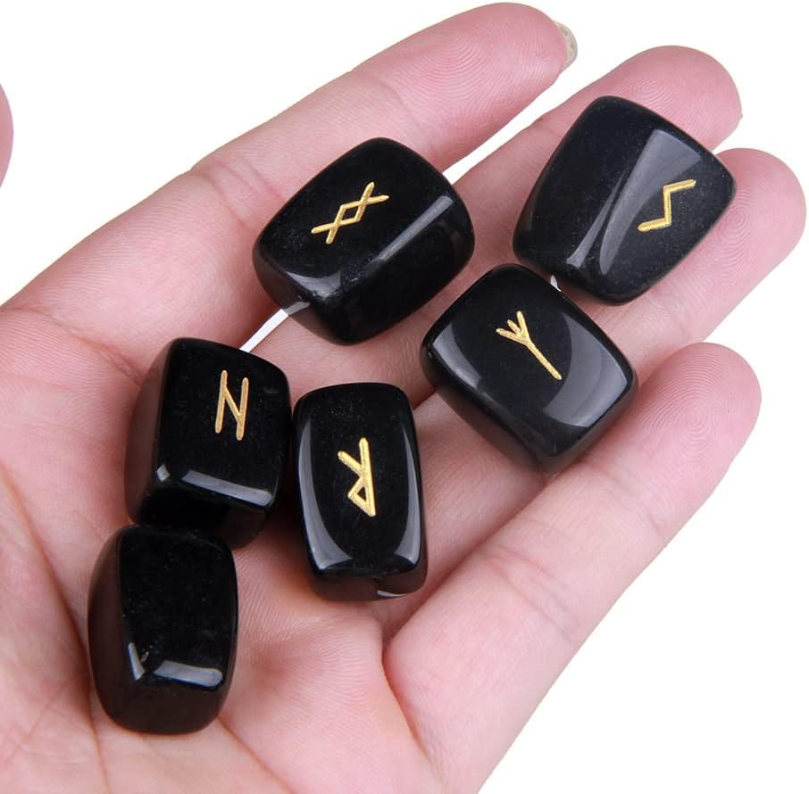 TGS Gems Black Obsidian Rune Stones Set Engraved Pagan Lettering with Instruction Booklet and Velvet Pouch - Image 5