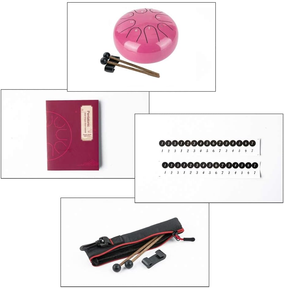 Steel Tongue Drum with Carrying Case: 6 Inch 8 Notes Rain Drum for Outside | Steel Drum with Bag Mallets Music Book Note Stickers for Garden Meditation Yoga Beginner, Key of C, 440Hz, Pink - Image 5