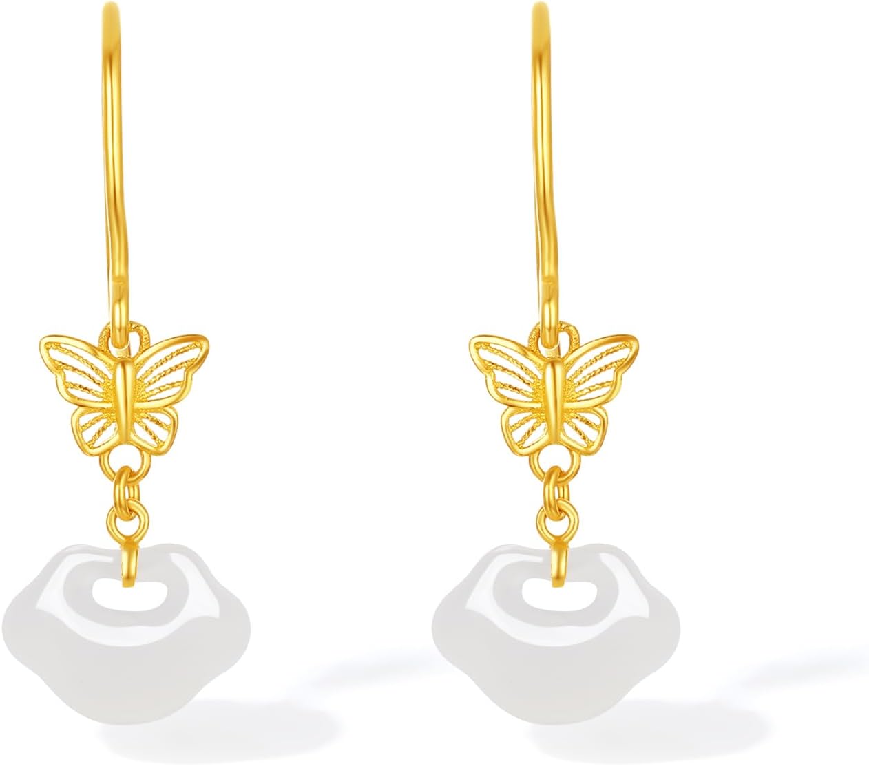 ZHOU LIU FU White Jade Dangle Earrings 24K Gold Hollow Butterfly Ruyi Jade Drop Earring Healing Gemstone Natural Dainty Jewelry for Women Her Mom Daughter Anniversary Birthday Present Y0914874