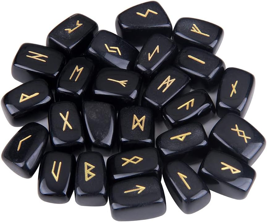 TGS Gems Black Obsidian Rune Stones Set Engraved Pagan Lettering with Instruction Booklet and Velvet Pouch - Image 3