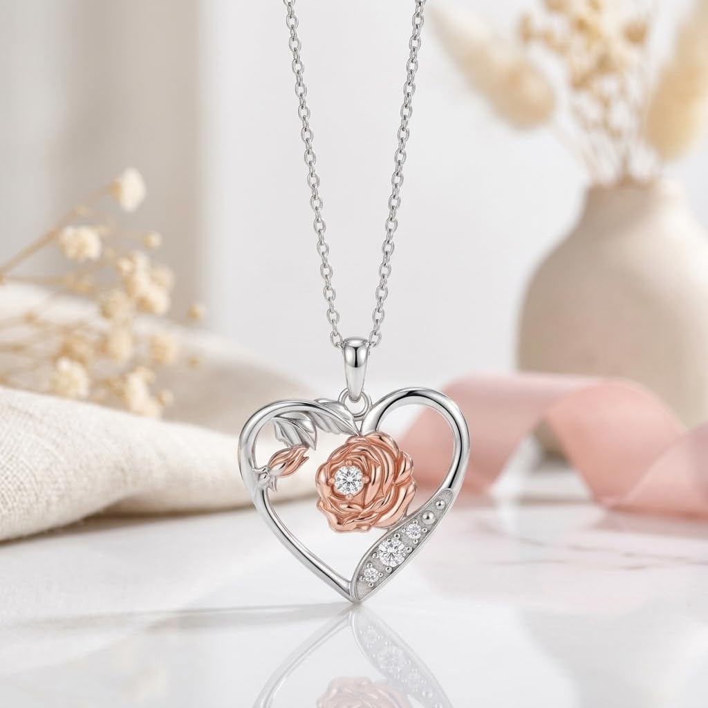 Lab Grown Diamond Rose Necklace for Women, 925 Sterling Silver Diamonds Heart Pendant Birth Flower Necklaces Rose Flower Jewelry Gifts for Women - Image 2