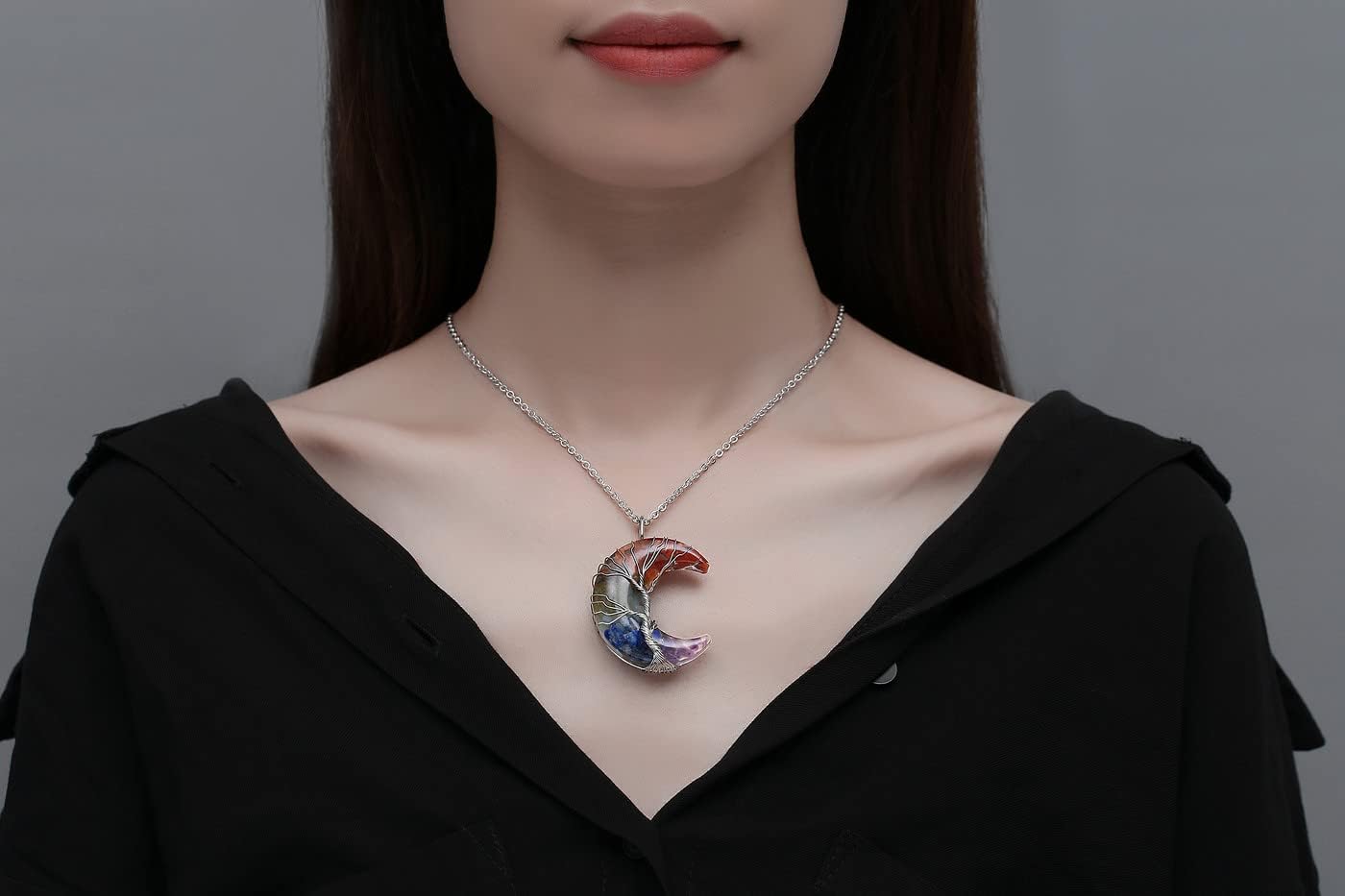 MAIBAOTA Healing Crystal Necklace, Tree Life Wire Wrapped Crescent Moon Necklace, Natural Stone Pendant Necklaces, Mothers Day Gifts for Mom, Gemstone Jewelry Gifts for Women - Image 3
