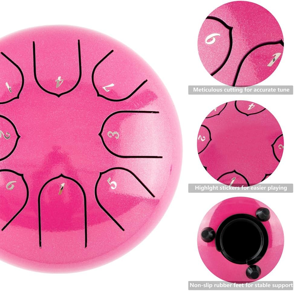 Steel Tongue Drum with Carrying Case: 6 Inch 8 Notes Rain Drum for Outside | Steel Drum with Bag Mallets Music Book Note Stickers for Garden Meditation Yoga Beginner, Key of C, 440Hz, Pink - Image 2
