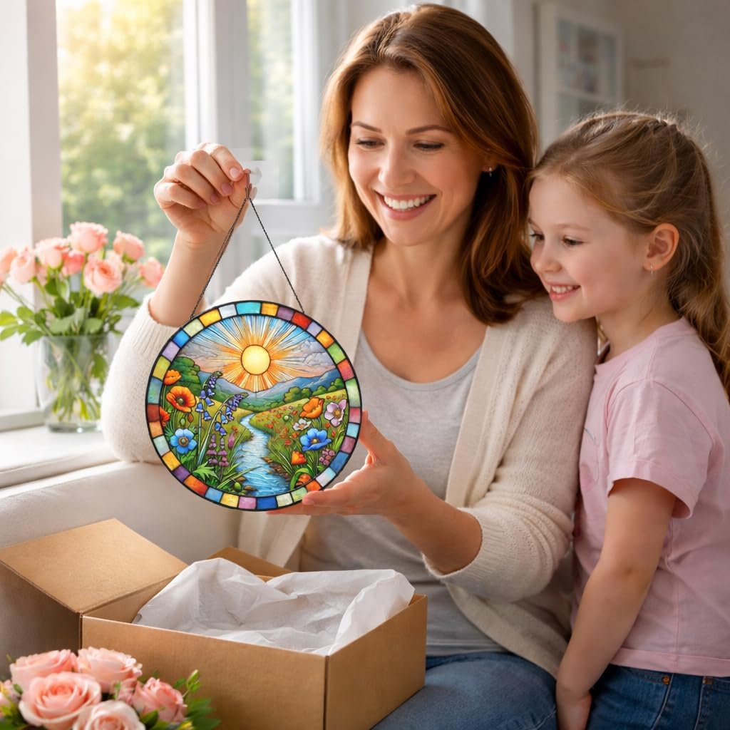 Stained Glass Window Hanging, Scenery Sun Catchers Stained Glass Panels for Indoor Windows Wall Art Decor, Birthday Gift for Mom Women Wife Men Lovers (7.87inch) - Image 7