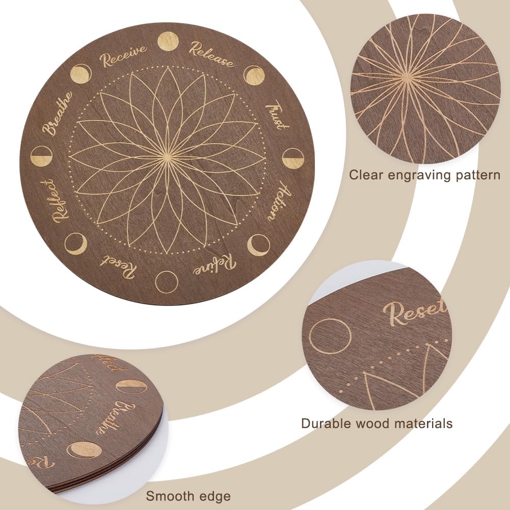 INFUNLY Moonphase Crystal Grid Wood Board, 9.84x9.84inch, Flower of Life Sacred Geometry, Lotus Grey Crystal Tray, Round Solid Coaster for Jewelry, Rocks, Home Decor - Image 3