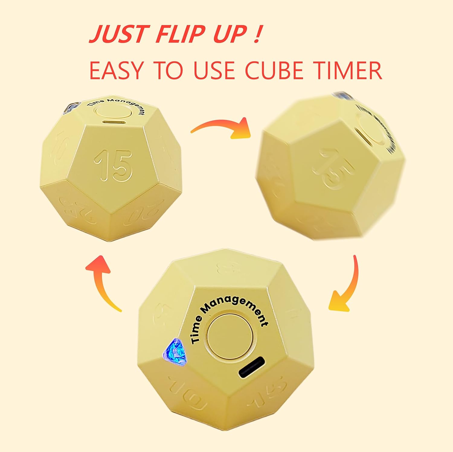 Cube Pomodoro Timer - Flip to Start Countdown, Rechargeable Mini Productivity Timer for Study, Office, 11 Preset Times, Silent/Vibration, Time Management Tool for Kids & ADHD (Yellow) - Image 2