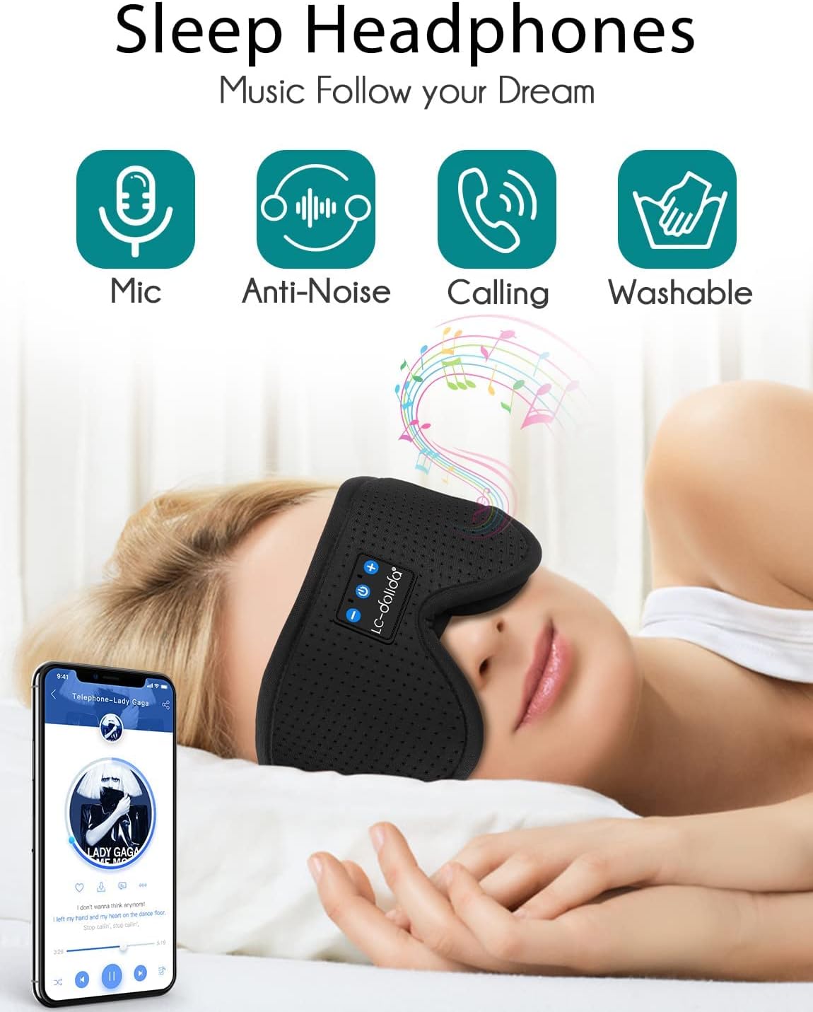 LC-dolida Sleep Mask with Bluetooth Headphones,Sleep Headphones Bluetooth Sleep Mask 3D Sleeping Headphones for Side Sleepers Best Gift and Travel Essential (Elegant Black) - Image 2