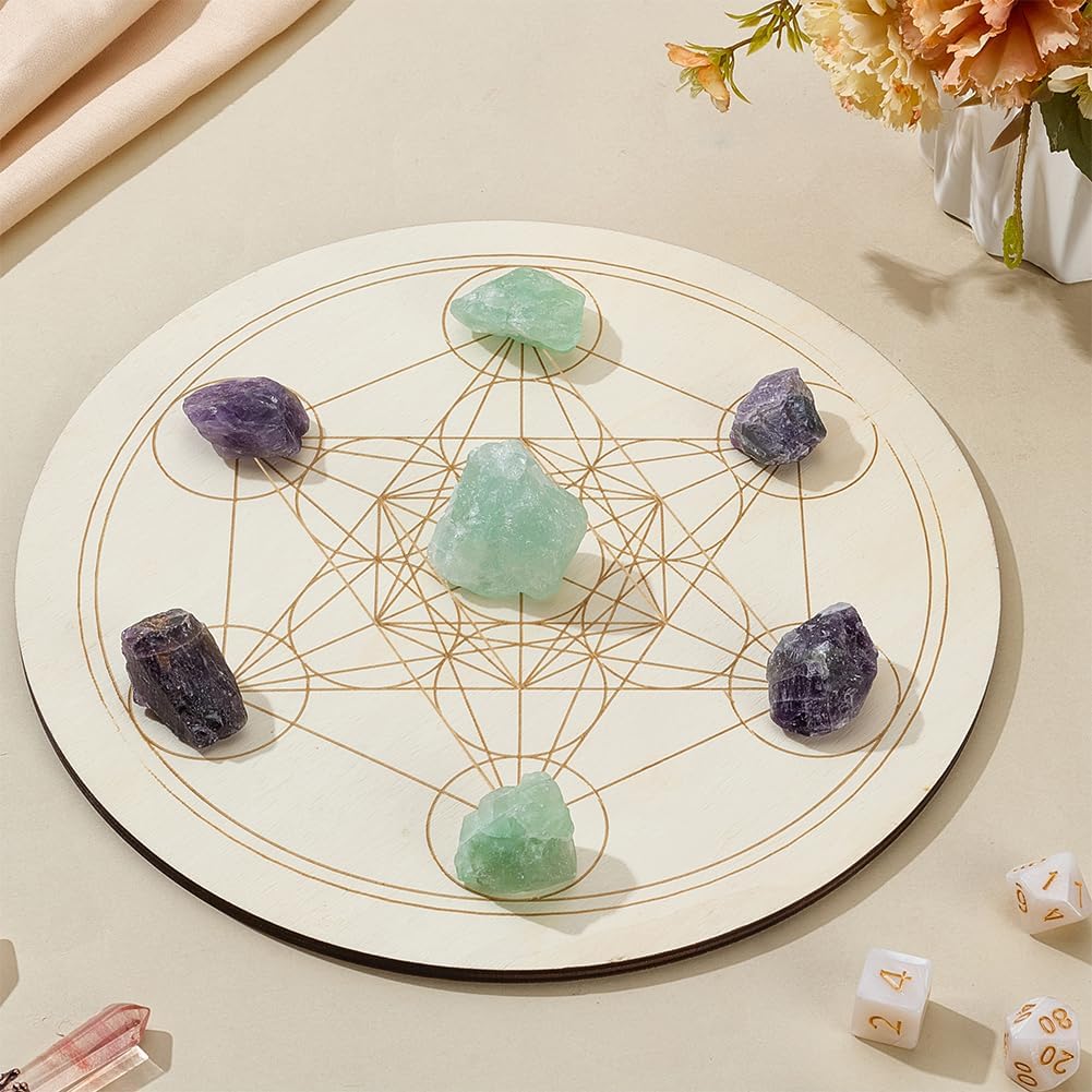 INFUNLY Wooden Crystal Grid Board Metatron's Cube Sacred Geometry Board 9.8 inches Round Chakra Grid Plate Amplify The Power of Your Crystals for Altar Yoga Meditation Witchcraft Decor - Image 5