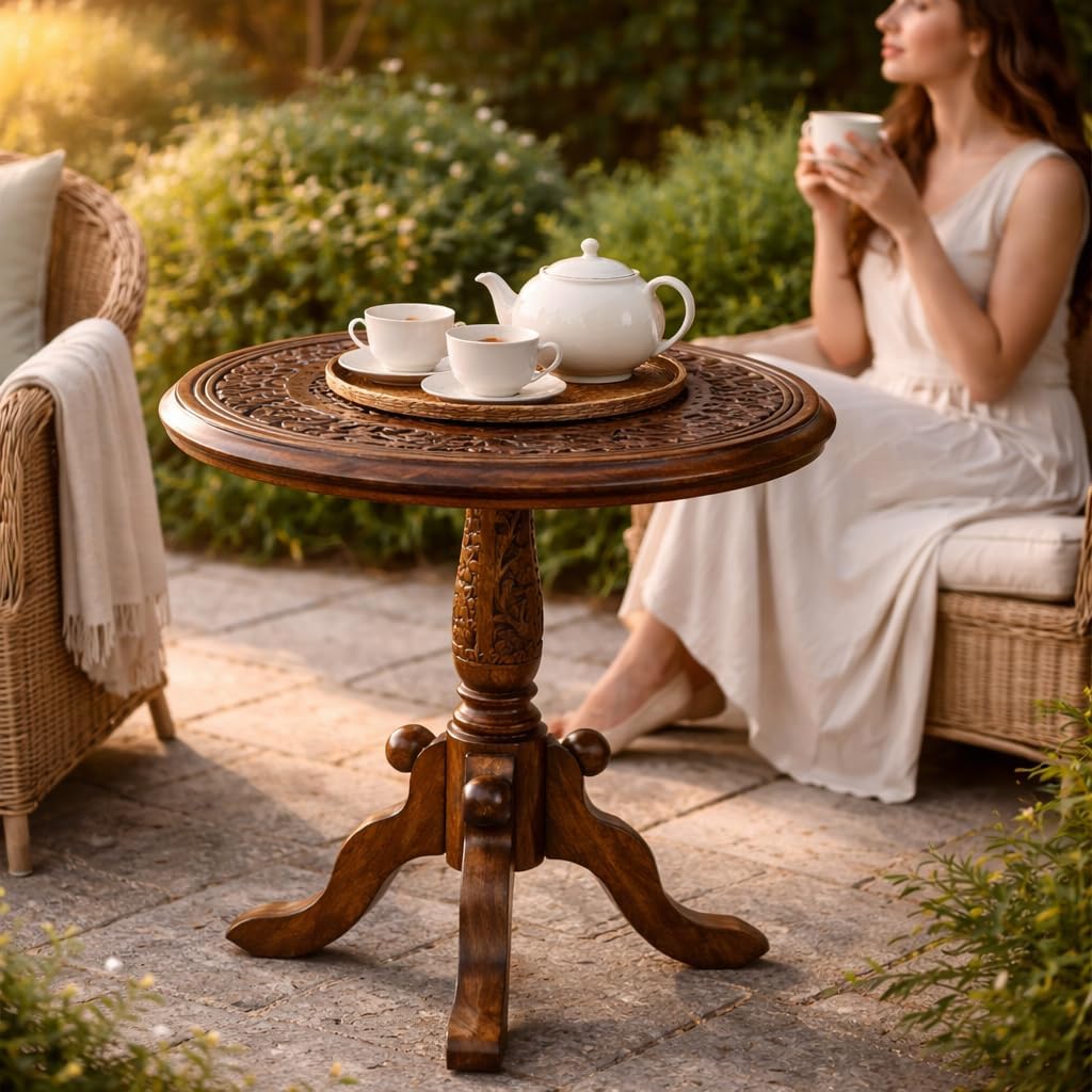 Handcrafted Carved Round Side Table – 18x21 Inch Coffee Table for Living Room | Solid Wood Accent End Table with Pedestal Base | Altar Table for Home Décor - Image 5