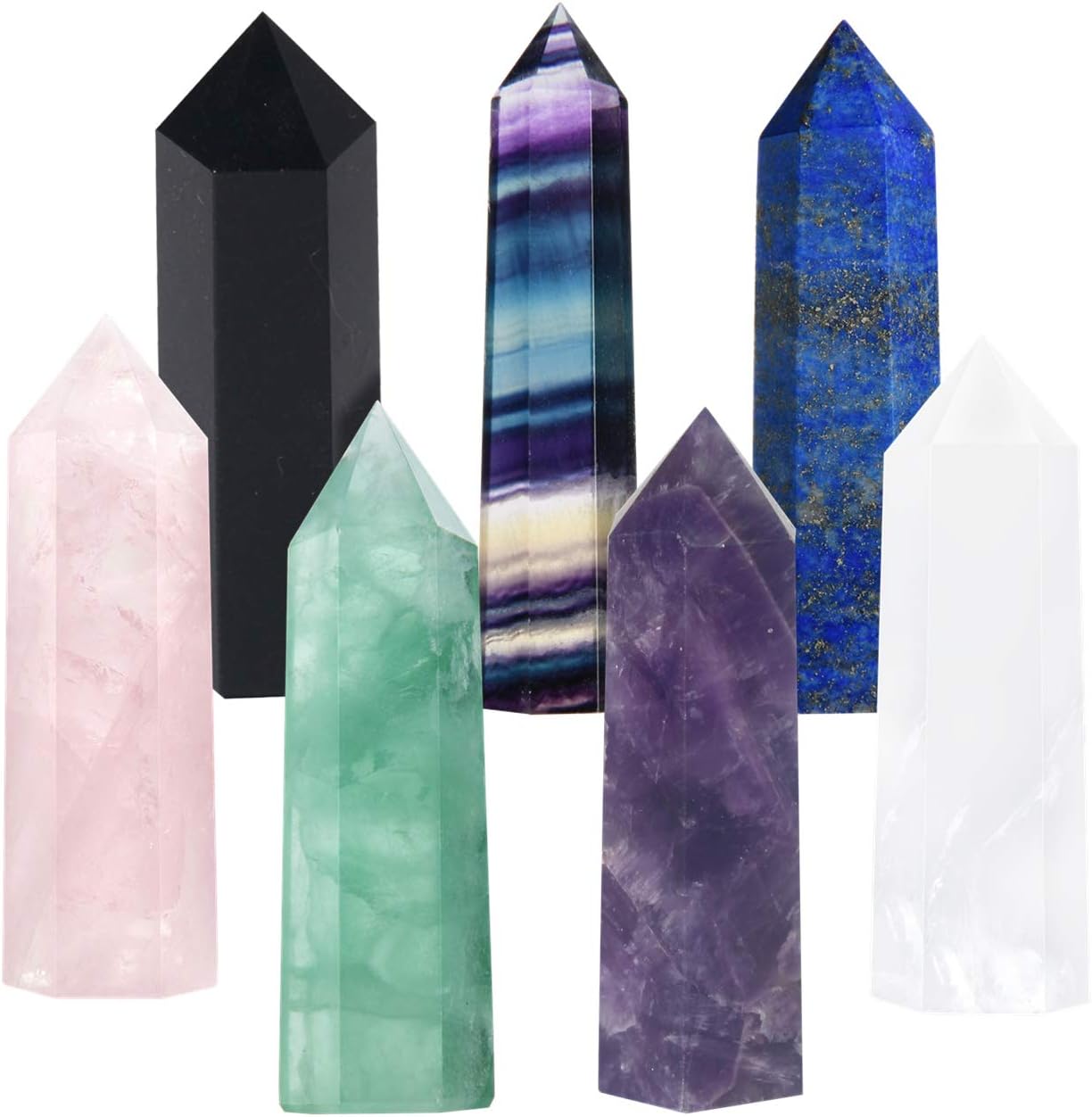 Luckeeper 7 PCS Healing Crystal Wands | 2" Amethyst, Rose Quartz,Clear Quartz,Black Obsidian,Green Fluorite, Lapis Lazuli,Rainbow Fluorite| 6 Faceted Reiki Chakra Meditation Therapy