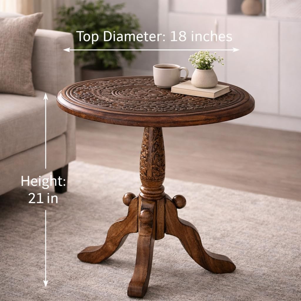 Handcrafted Carved Round Side Table – 18x21 Inch Coffee Table for Living Room | Solid Wood Accent End Table with Pedestal Base | Altar Table for Home Décor - Image 9
