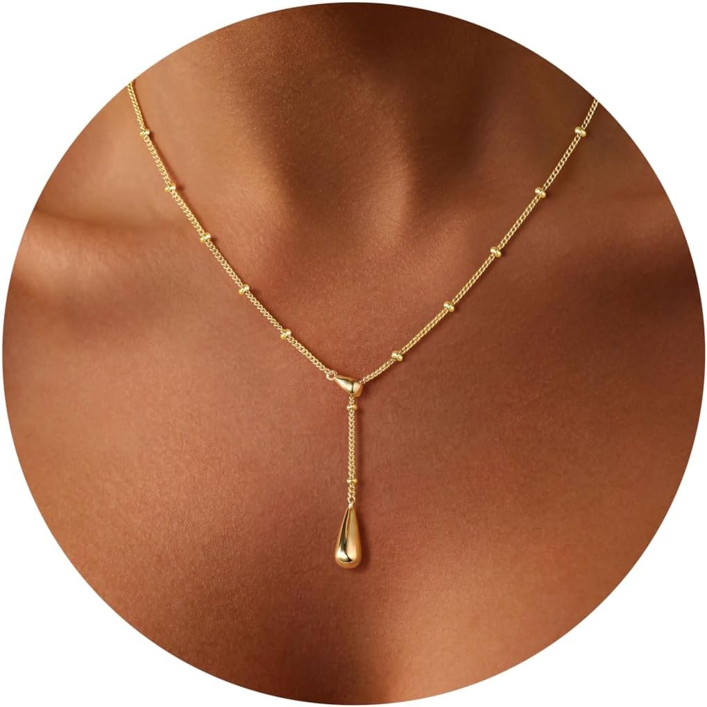 M MOOHAM Gold Necklace for Women Non Tarnish - Dainty 14K Gold Plated Beaded Chain Small Pendant Necklaces Simple Pearl Circle Beads Teardrop Pendant Necklace for Women Trendy Jewelry Gifts