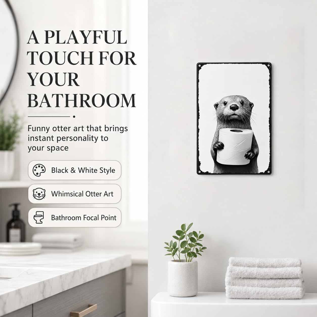 Funny Otter Holding Toilet Paper Metal Sign, 8x12 Inch Vintage Aluminum Wall Art, Black and White Animal Print Bathroom Decor, Rustic Tin Plaque for Home Restroom - Image 6