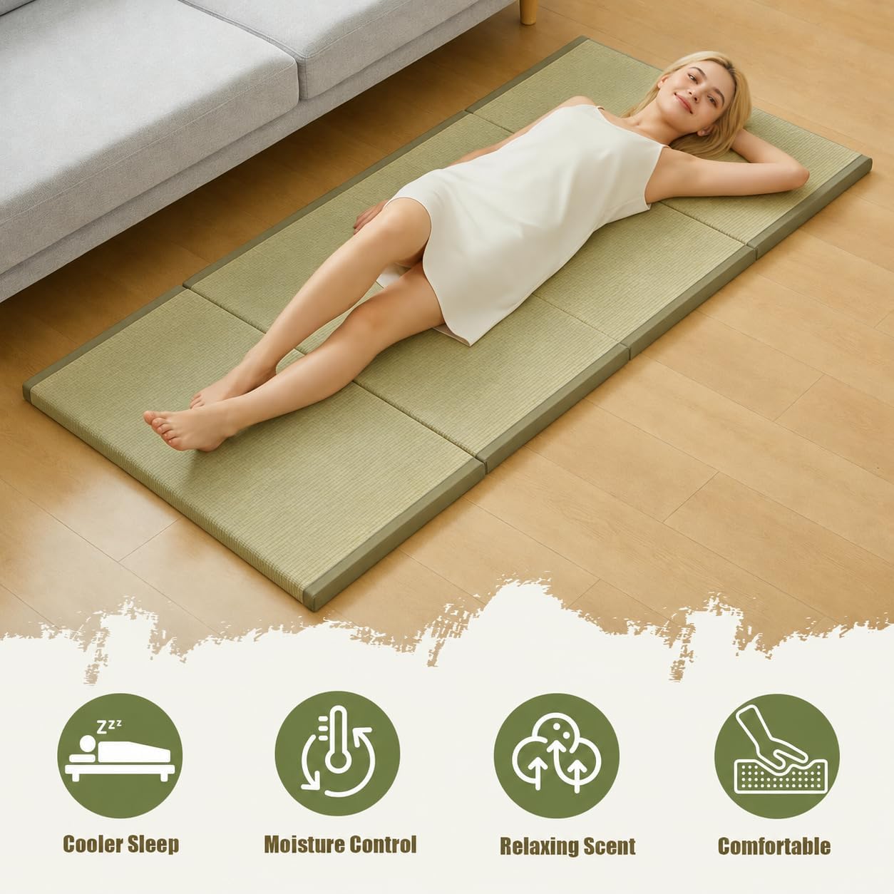 HAGiHARA Japanese Tatami Mat, Foam Board Filled Folding Floor Mattress, Rush Grass Futon, Traditional Tatami Pad for Meditation, Yoga, Sleeping, Summer Use, 35.43" x 78.74" x 1.38" - Image 5