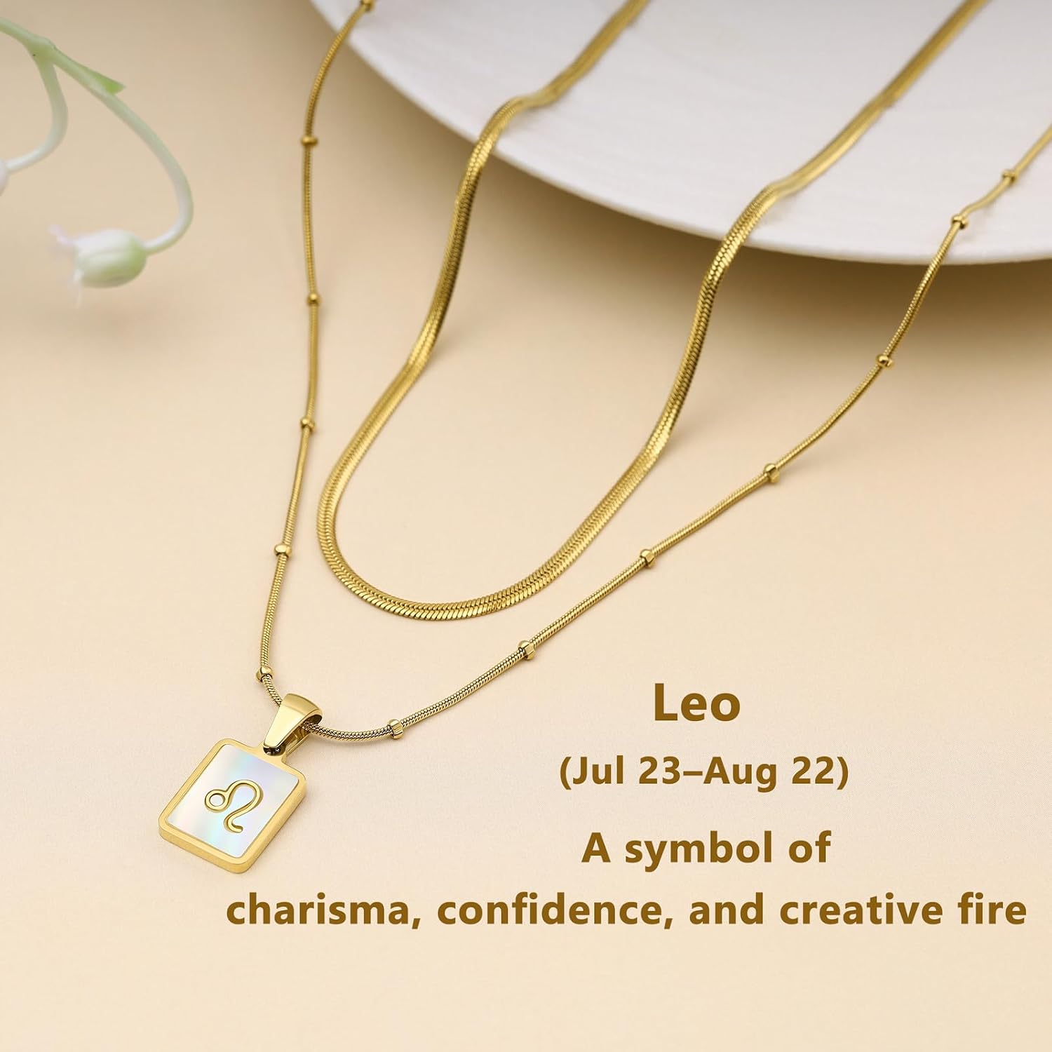LETFLY Zodiac Natural Shell Layered Gold Necklace for Women, Gold Plated Square Shaped Pendant with Adjustable Layered Snake Chain Birthday Jewelry Gifts for Womens - Image 5