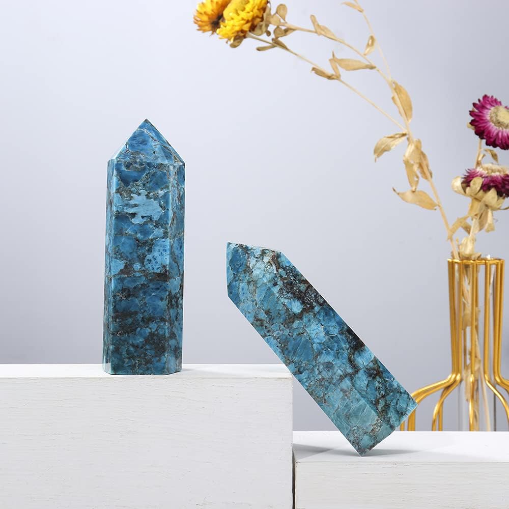 Runyangshi Large Blue Apatite Natural Healing Crystal Wand 4.72"-5" Crystals Tower 6 Faceted Single Point Crystal Prism Wand Natural Stones for Meditation Reiki Chakra Therapy Home Decor Gift - Image 5
