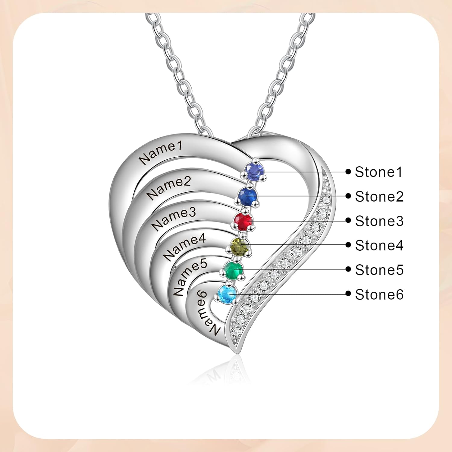925 Sterling Silver Mother's Day Jewelry Gifts for Mom Mama Grandma — Custom Necklace with Up to 6 Birthstones & Engraved Names, Personalized Family Pendant Birthday Gifts - Image 3