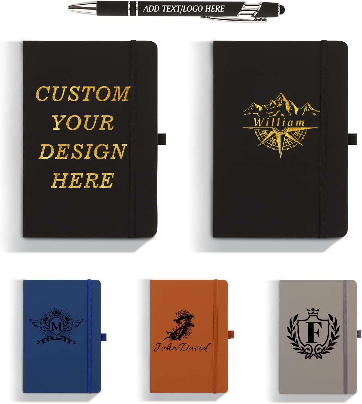 Personalized A5 Notebook Set with Pen, PU Leather Journal, Custom Name Logo Photo, Lined Pages, for Work, School, Office, Daily Writing (Black)