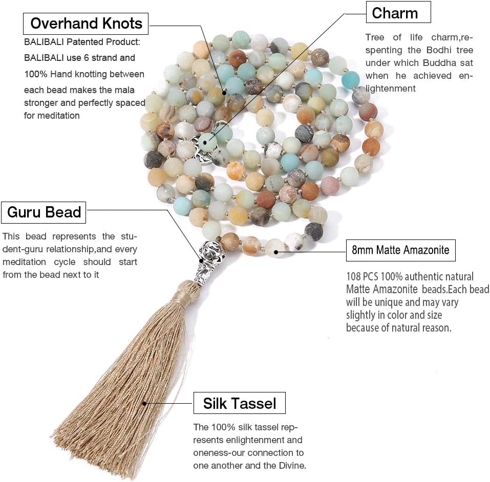 108 Mala Beads Necklace Semi-Precious Gem Stones Meditation Necklace 108 Hand Knotted Japa Mala Beaded Tassel Necklace with Tree of Life Pendant - Image 2