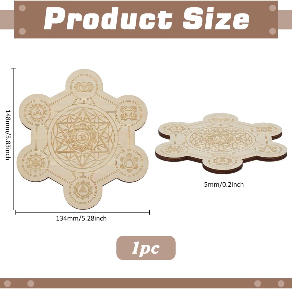 FINGERINSPIRE Hexagon Wooden Crystal Grid Board with Chakra Design 5.3x5.8x0.2inch PapayaWhip Color Wood Plate for Crystal Energy Healing Meditation Decoration Yoga Space Decoration Accessories - Image 2