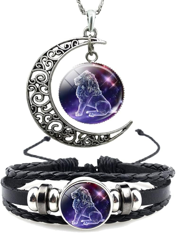 12 Zodiac Constellation Necklace Bracelet Time Gemstone Horoscope Astrology Moon Crescent Necklace for Women Men Birthday Gift Jewelry