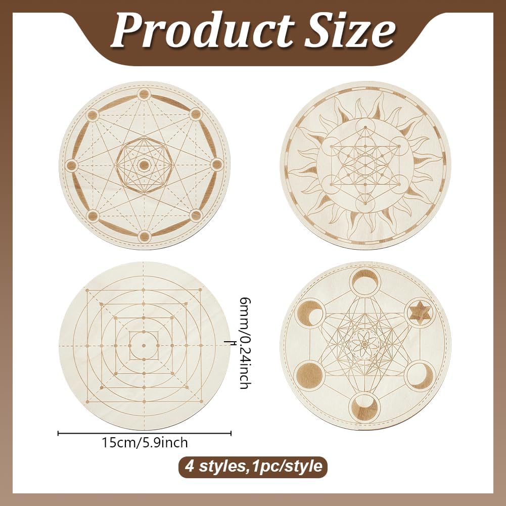 ORIGACH 4 PCS Wooden Crystal Grid Board, Round Sacred Geometry Energy Grids Board, Metatron's Cube Crystal Plate for Witchcraft Wiccan Altar Ritual Sacred Space Decor, 5.9Inch Diameter - Image 2